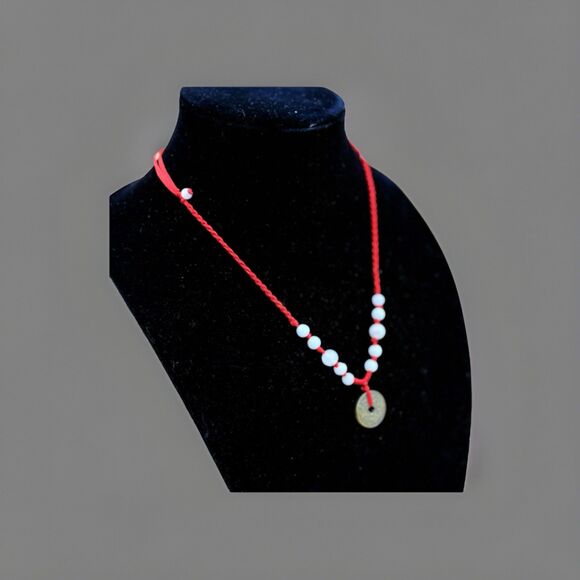 Boho Red Cord Necklace W/ Howlite  Beads and Coin Pendant Lucky Charm Jewelry - Picture 2 of 4